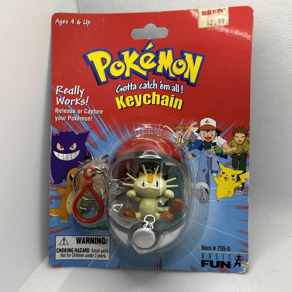 Pokemon Vintage Meowth Pokeball Keychain New 1999 Basic Fun 755-0 #52